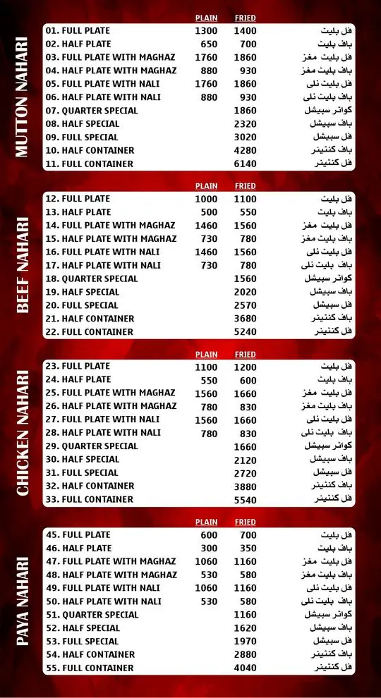 Muhammadi Nihari TownShip Lahore Menu Urdu