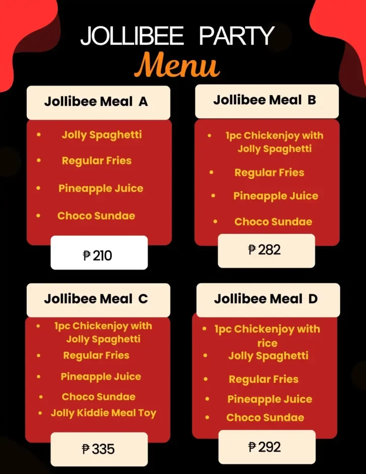 Jollibee Party Menu Card 